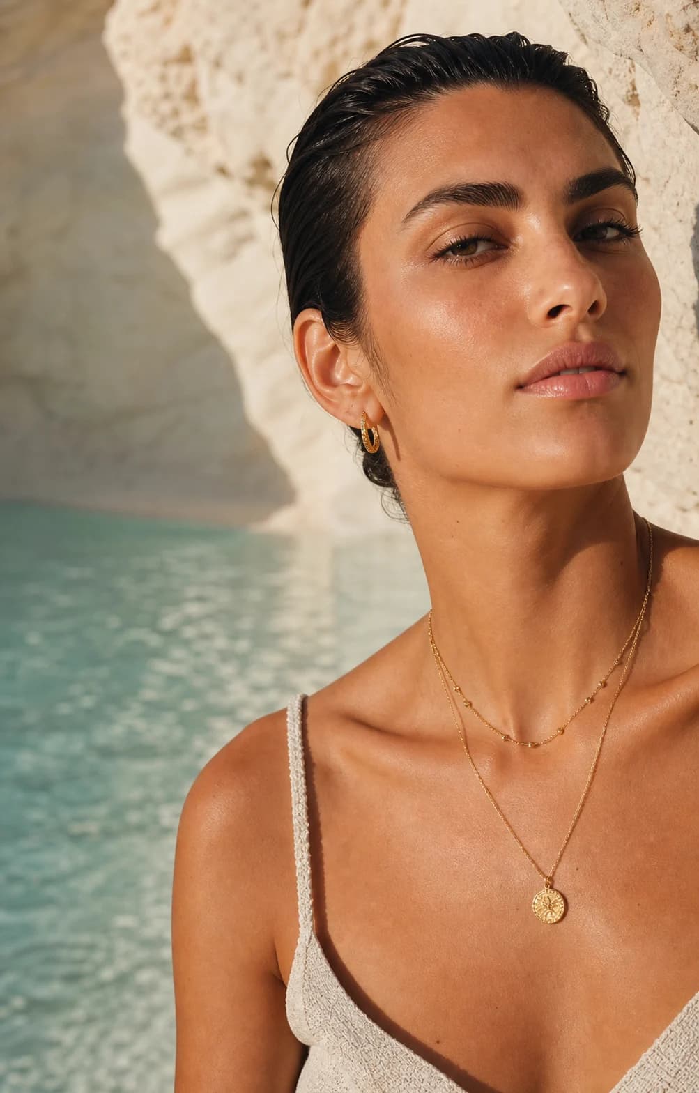 Femme portant des bijoux dorés Nylya sous le soleil